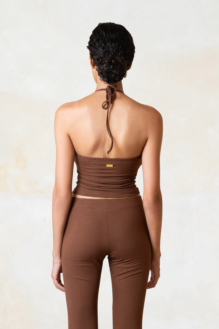 Studio K Rib Halter Neck Top – sustainable, stylish, and comfortable yoga and lounge wear, available in multiple sizes.