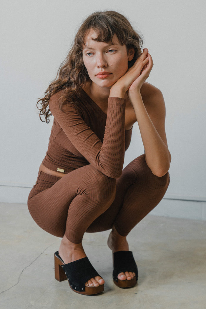 Studio K Rib One Shoulder Top – sustainable, stylish, and comfortable yoga and lounge wear, available in multiple sizes.