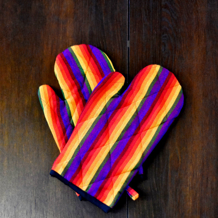 Set of 2 Guatemalan Rauinbow Potholders and 2 Oven Mitts