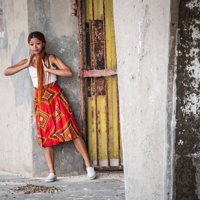 Traditional African Red Ankara Wax Print High Waisted Skirt
