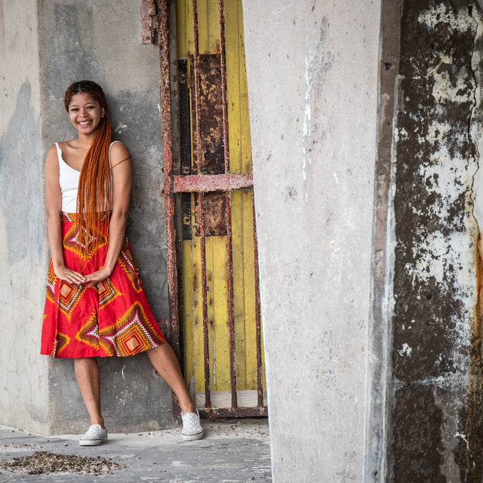 Traditional African Red Ankara Wax Print High Waisted Skirt