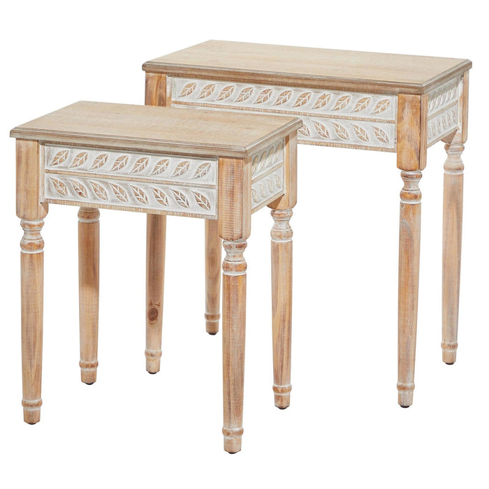 Urban Designs Audra 2-Piece Set Carved Whitewash Farmhouse End Accent Table