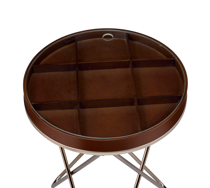 Urban Designs Bourbon Accent Side Table with Glass Top Storage - Walnut Brown