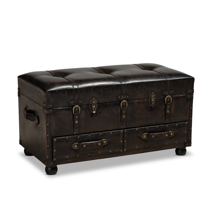 Urban Designs Colten Distressed Faux Leather 2-Drawer Storage Trunk Ottoman - Dark Brown