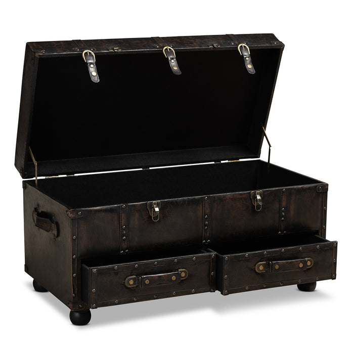 Urban Designs Colten Distressed Faux Leather 2-Drawer Storage Trunk Ottoman - Dark Brown