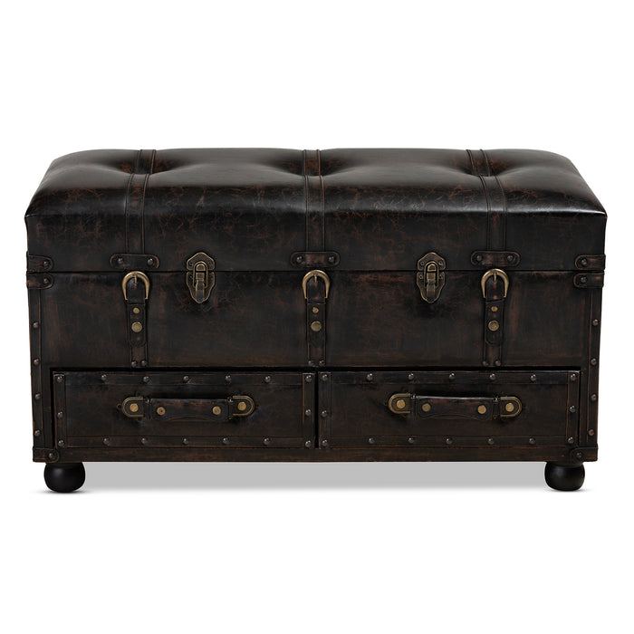 Urban Designs Colten Distressed Faux Leather 2-Drawer Storage Trunk Ottoman - Dark Brown