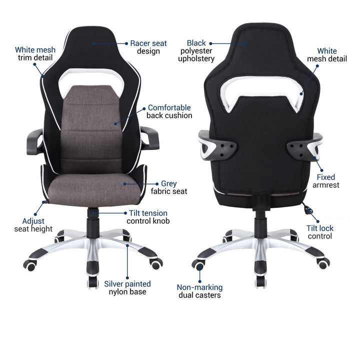 Urban Designs Ergonomic Upholstered Racing Style Home Office Chair - Grey Black
