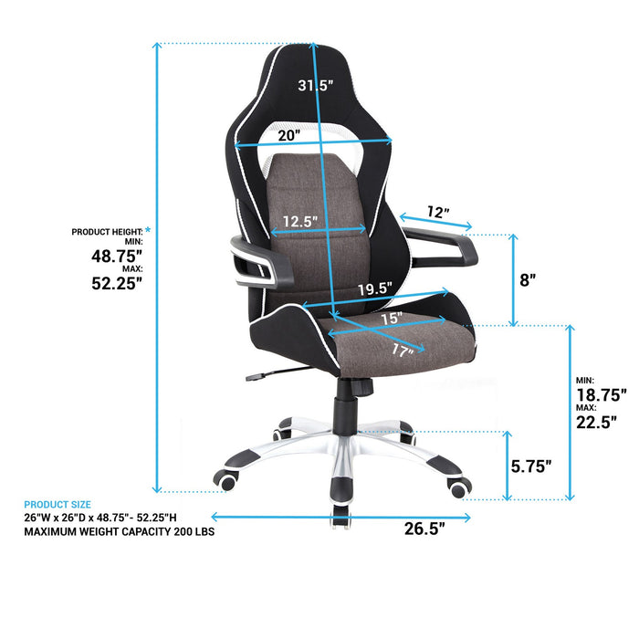 Urban Designs Ergonomic Upholstered Racing Style Home Office Chair - Grey Black