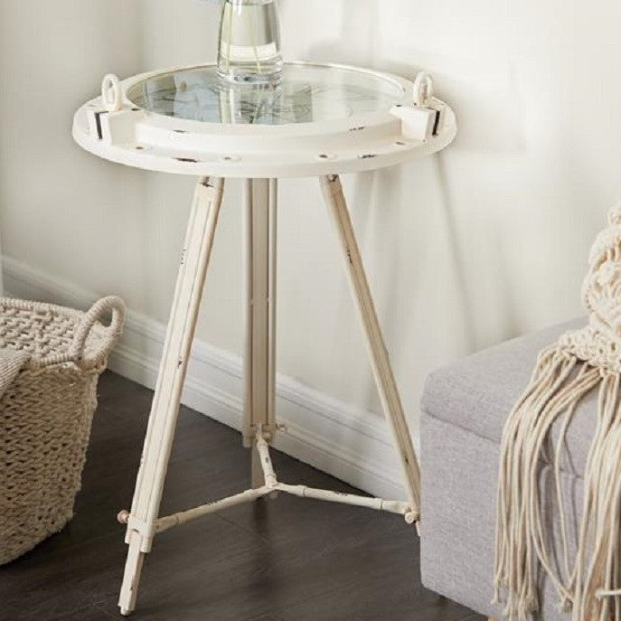 Urban Designs Industrial Porthole Metal Round Clock Coffee and End Table - White