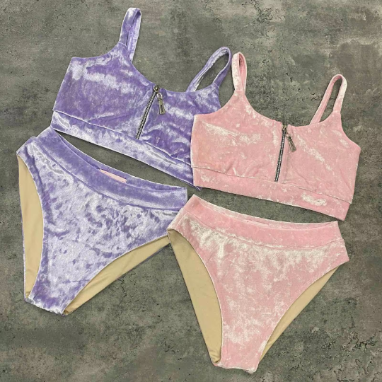 Velvet pole outfit front zip sports bra and mid rise panties