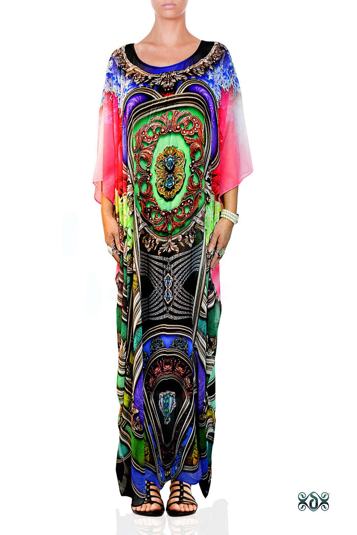 Vibrant Baroque Long Kaftan, Crystals Embellished Kaftan, Georgette Kaftan - 1125C