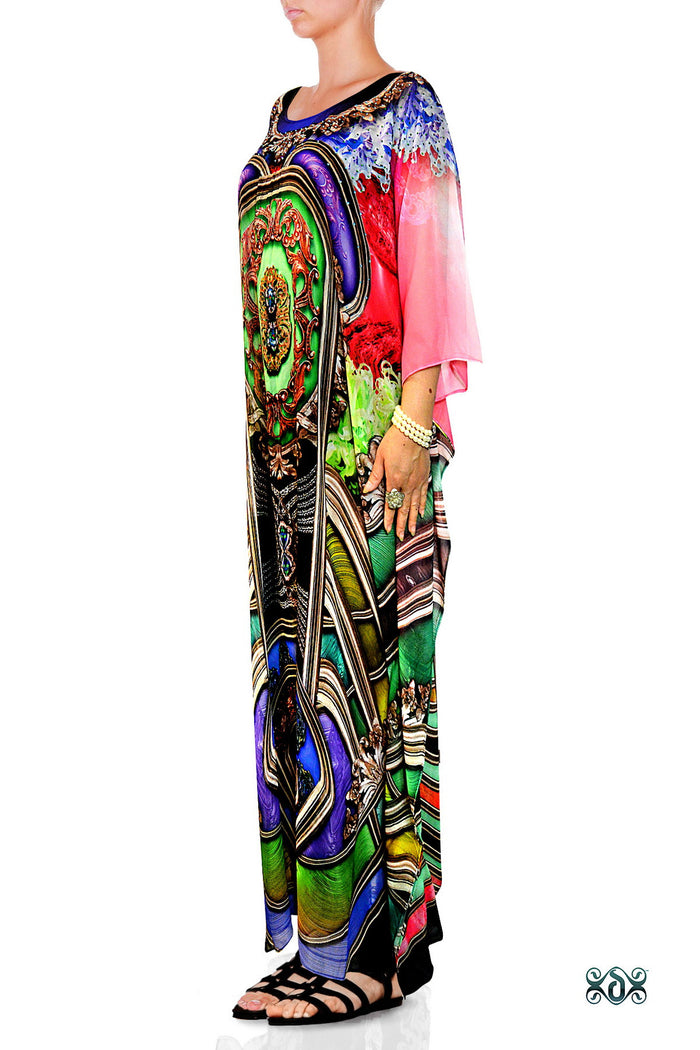 Vibrant Baroque Long Kaftan, Crystals Embellished Kaftan, Georgette Kaftan - 1125C