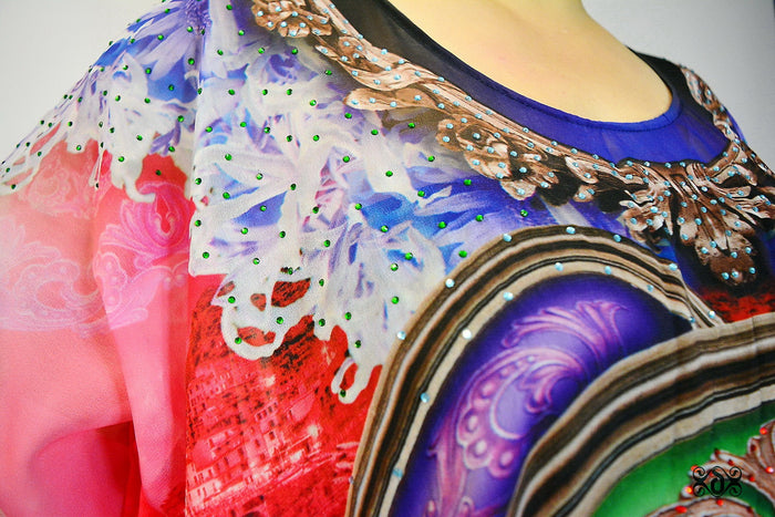 Vibrant Baroque Long Kaftan, Crystals Embellished Kaftan, Georgette Kaftan - 1125C