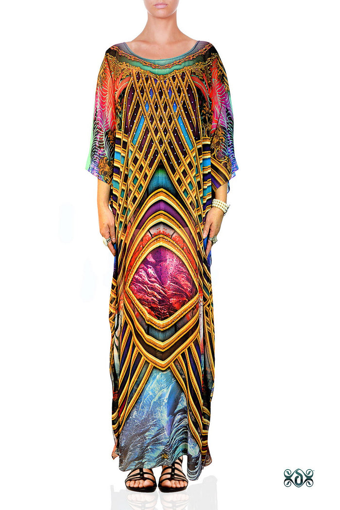Vibrant Scenic Baroque Kaftan, Crystals Embellished Caftan, Long Georgette Kaftan - 1129B