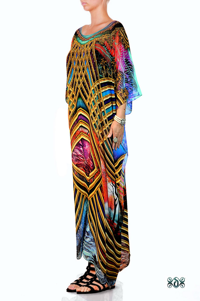 Vibrant Scenic Baroque Kaftan, Crystals Embellished Caftan, Long Georgette Kaftan - 1129B