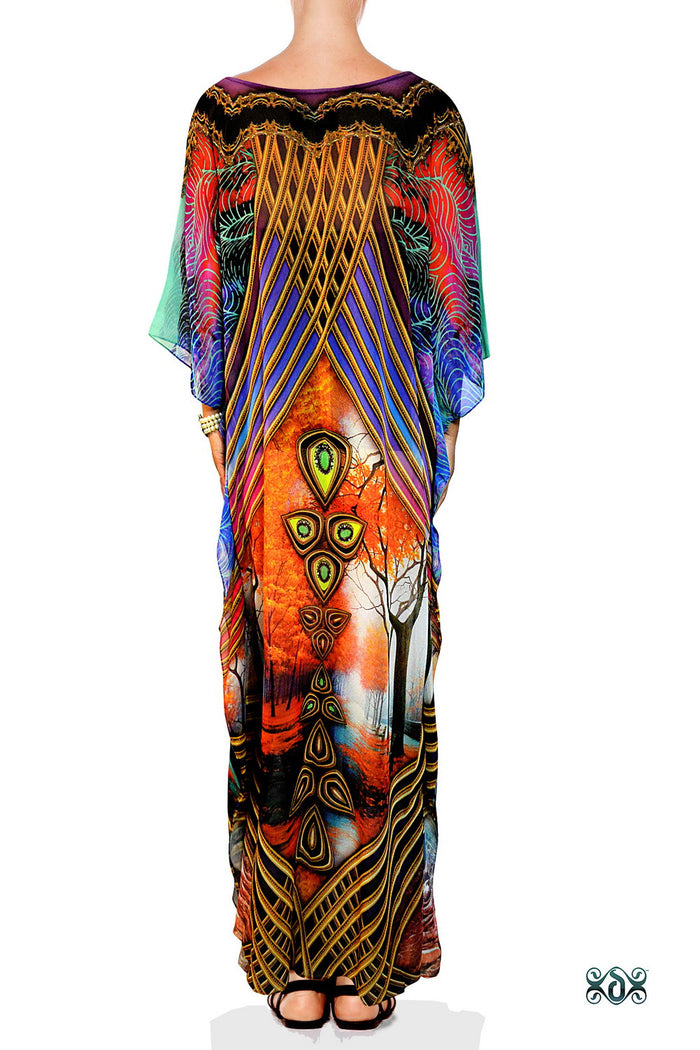 Vibrant Scenic Baroque Kaftan, Crystals Embellished Caftan, Long Georgette Kaftan - 1129B
