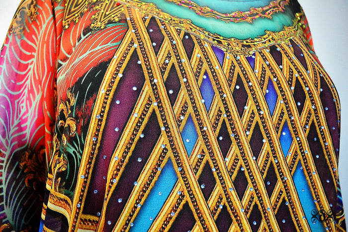 Vibrant Scenic Baroque Kaftan, Crystals Embellished Caftan, Long Georgette Kaftan - 1129B