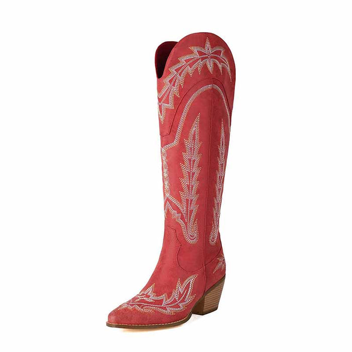 Red women's knee high cowboy boots with intricate stitching and a stylish heel