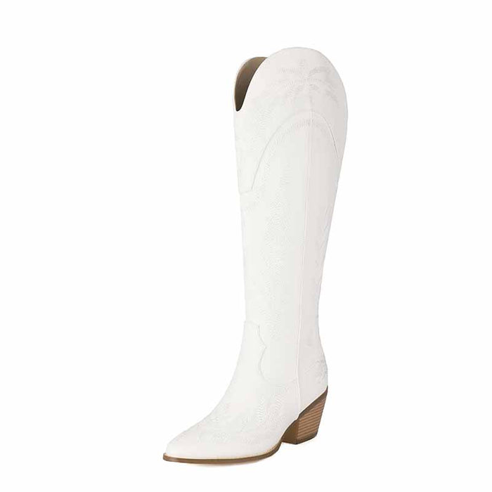 Stylish white women's knee high cowboy boots with embossed details for trendy outfits