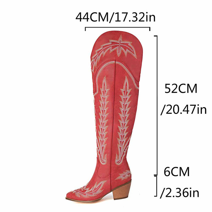 Women's over the knee cowboy boots in red with intricate embroidery and stacked heel