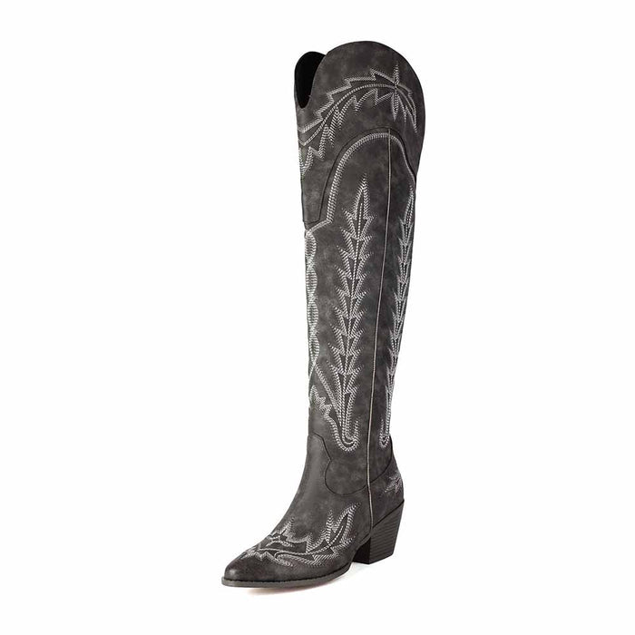 Stylish women's over the knee cowboy boots in gray with intricate stitching detail
