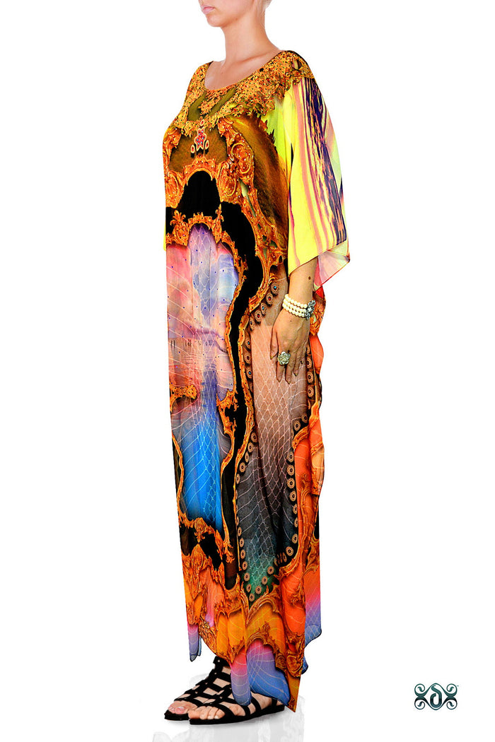 Yellow Scenic Long Kaftan, Crystals Embellished Caftan, Long Georgette Kaftan - 1128B
