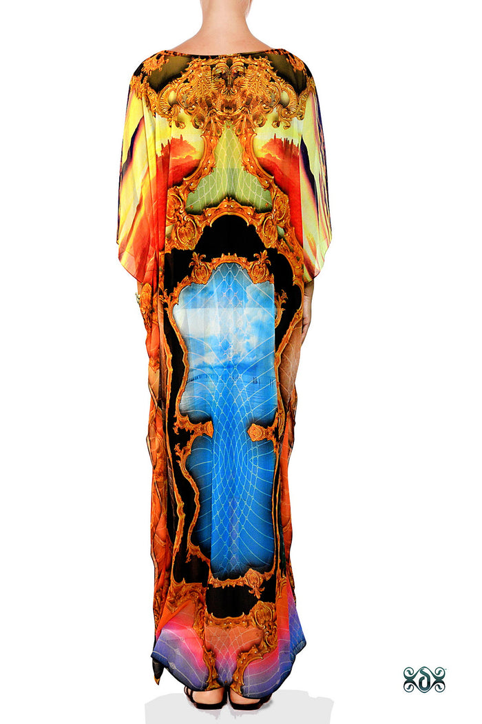 Yellow Scenic Long Kaftan, Crystals Embellished Caftan, Long Georgette Kaftan - 1128B